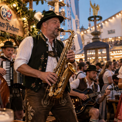 Saxophonist spielt mit einem Ensemble bei einem Oktoberfest in München