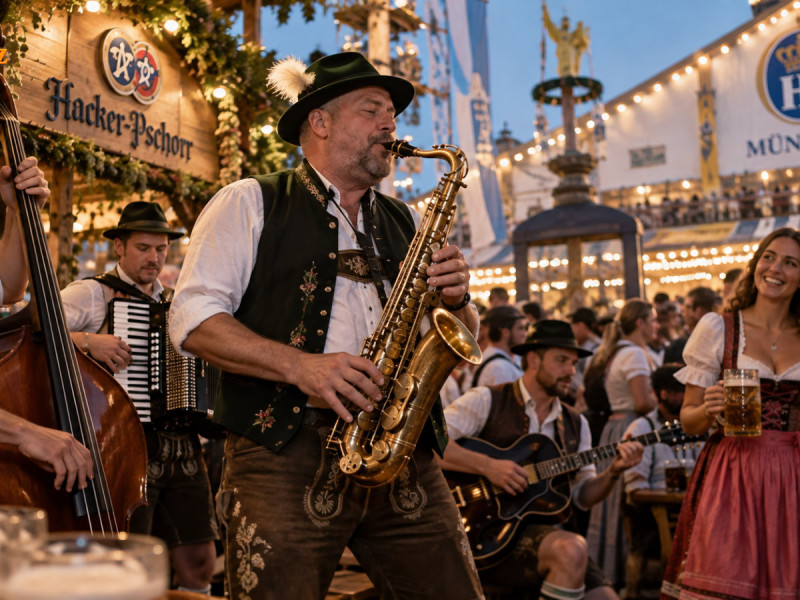 Saxophonist spielt mit einem Ensemble bei einem Oktoberfest in München