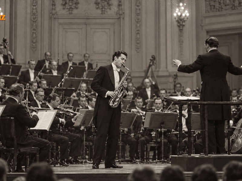 KI-generierte historische Rekonstruktion: Sigurd Raschèr als Saxophonsolist mit Orchester – inspiriert von der Hannoveraner Uraufführung 1932. © ArtMuz