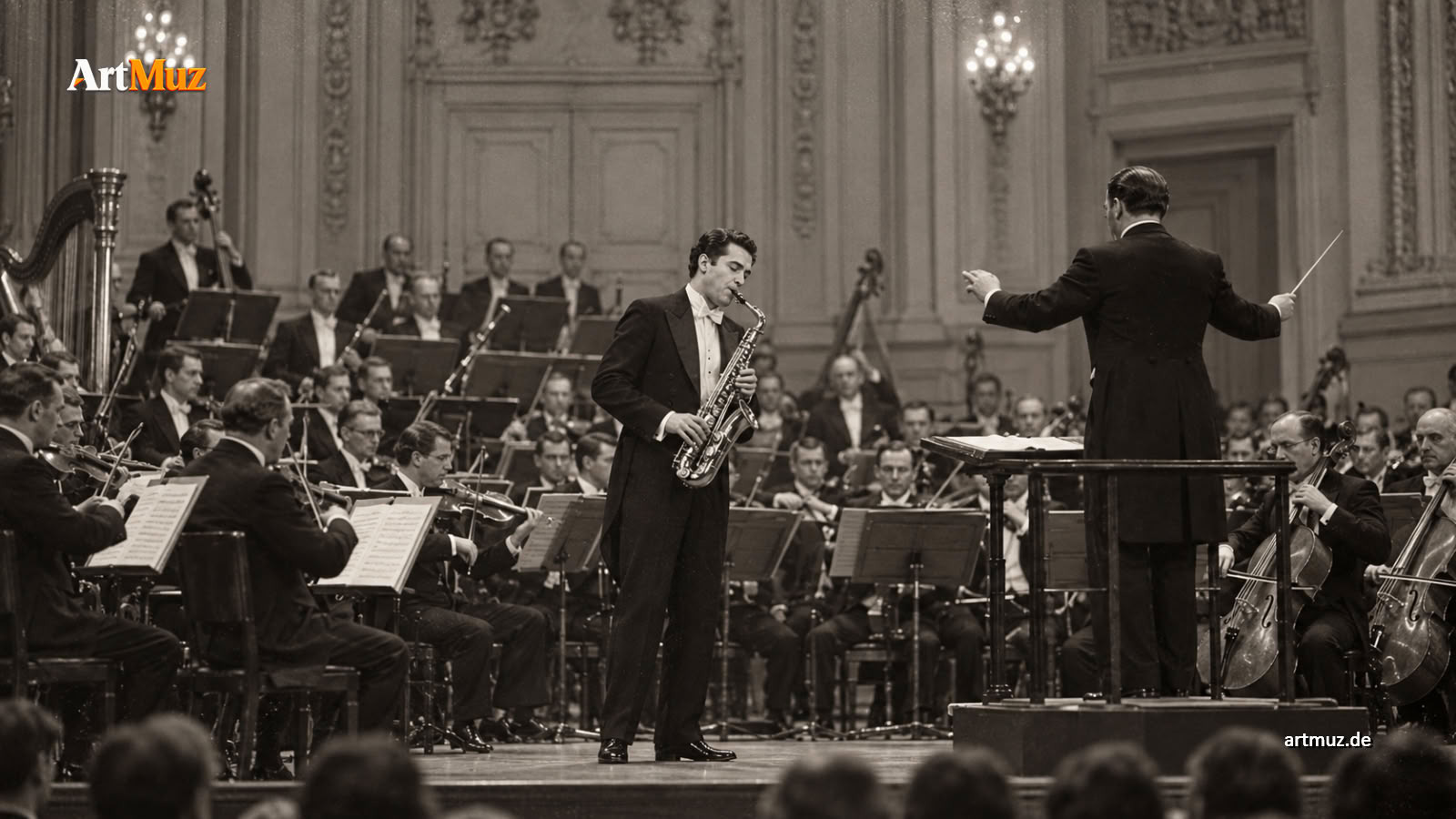 KI-generierte historische Rekonstruktion: Sigurd Raschèr als Saxophonsolist mit Orchester – inspiriert von der Hannoveraner Uraufführung 1932. © ArtMuz