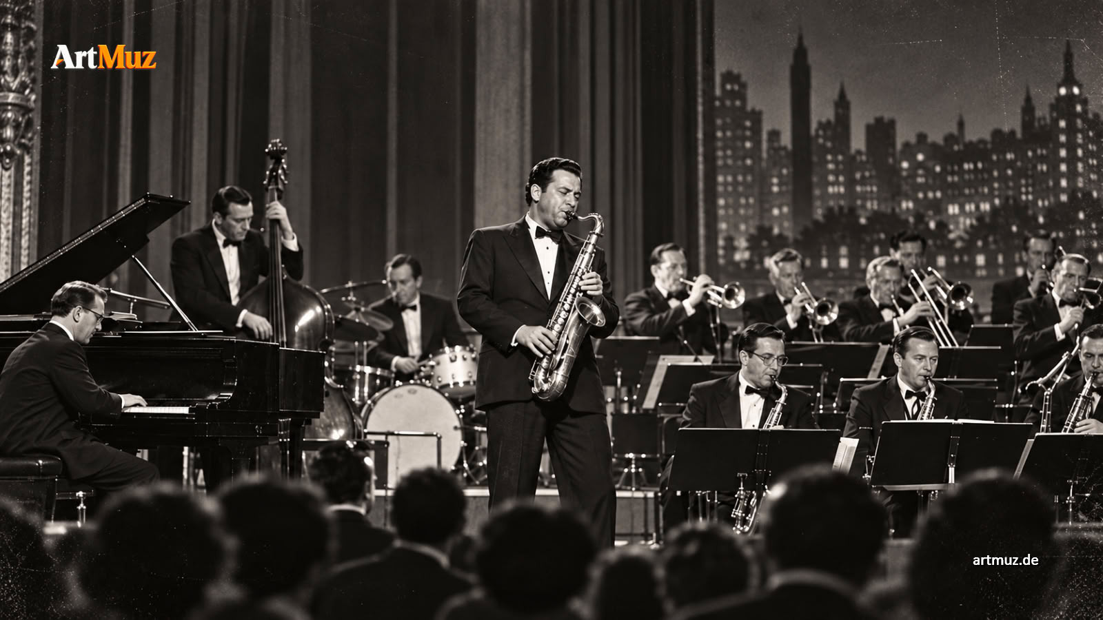 KI-generierte historische Rekonstruktion zur Jazz- und Bigband-Tradition des Saxophons in Hannover. © ArtMuz