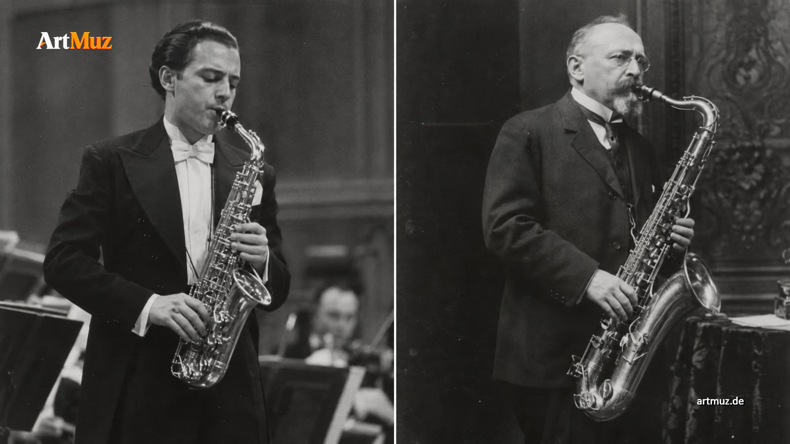 Sigurd Raschèr (links) und Gustav Bumcke (rechts) – zwei Wegbereiter des klassischen Saxophons. KI-generierte historische Rekonstruktion · © ArtMuz