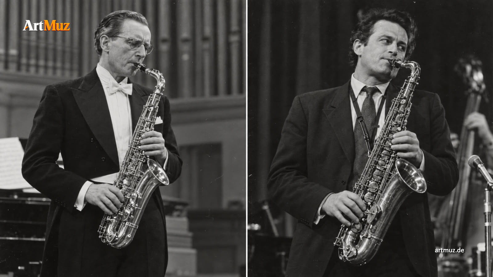 Hermann Cordes (links) und Joe Viera (rechts) – prägende Persönlichkeiten der klassischen Saxophon- und Jazzpädagogik. KI-generierte historische Rekonstruktion · © ArtMuz