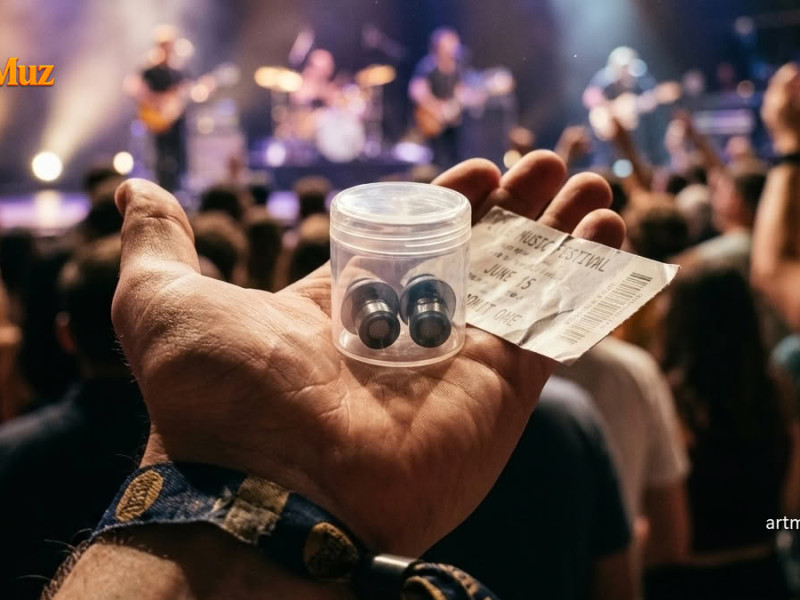 Konzertbesucher hält Ohrstöpsel in der Hand vor einer Bühne mit lauter Live-Musik und Publikum (mit KI erstellt)